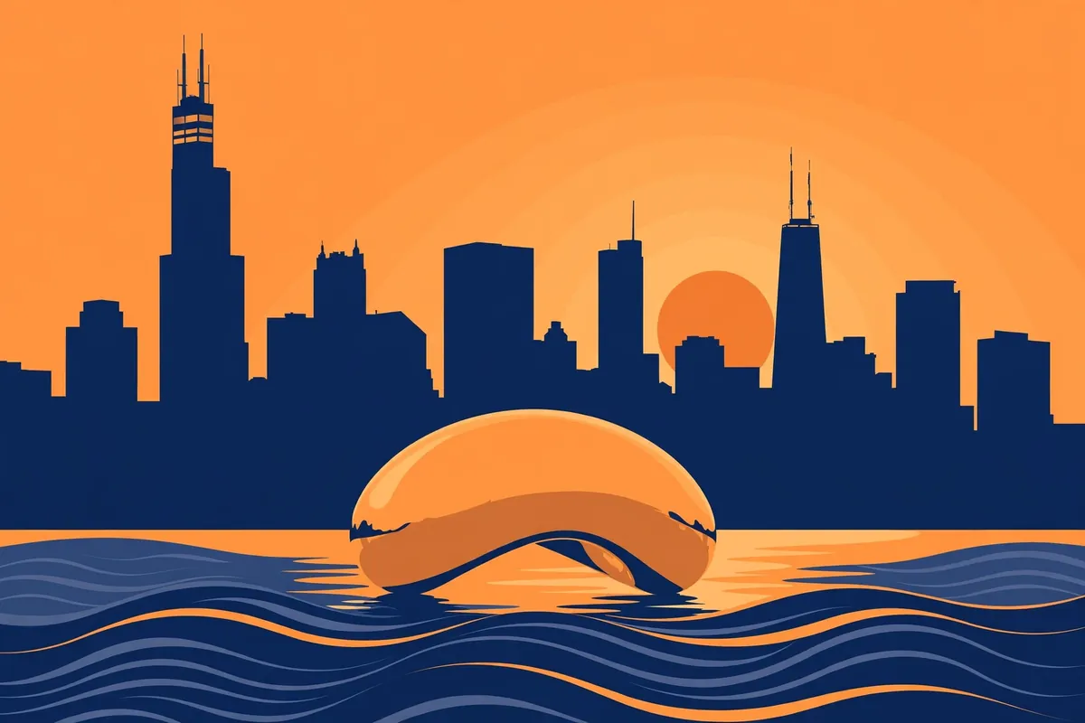 Stylized vector illustration of the Chicago skyline at sunset representing Daniel Sunjata's Illinois upbringing