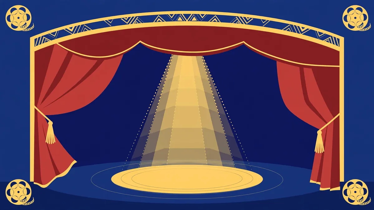 Stylized vector illustration of a theater stage with red curtains and spotlight representing Daniel Sunjata's acting career