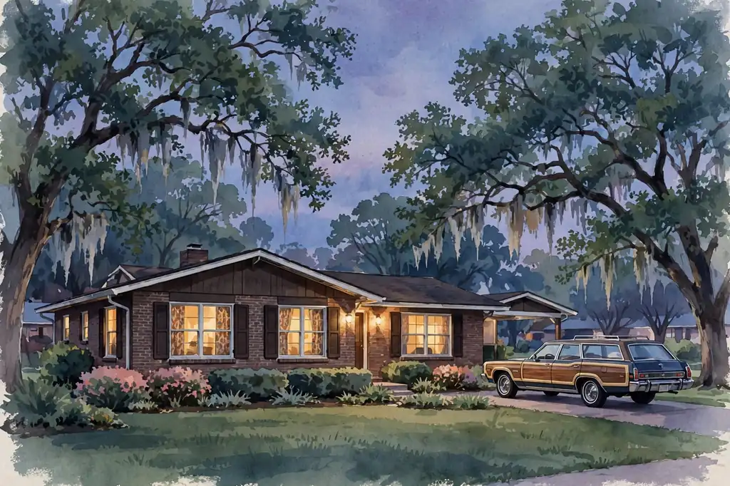 Stylized illustration of a quiet 1970s American suburban family home at dusk, evoking the Texas household where Delores Nowzaradan raised her children