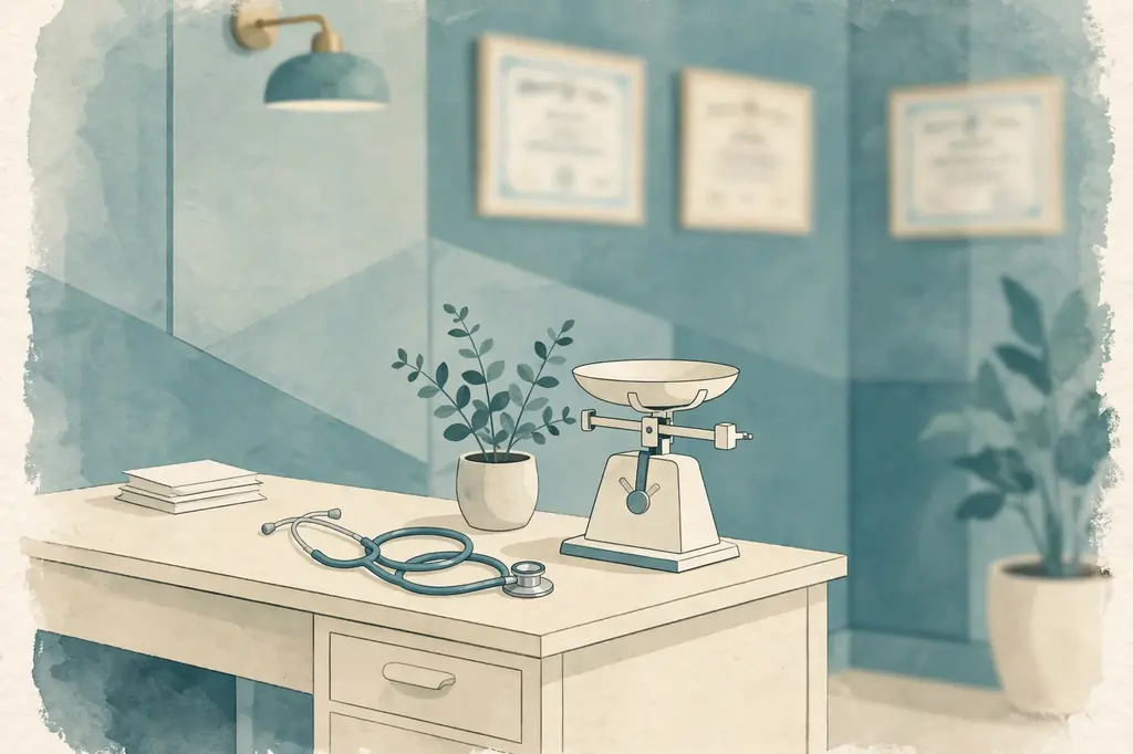 Stylized illustration of a calm doctor's consultation office interior, symbolising the medical career of Delores Nowzaradan's ex-husband Dr. Younan Nowzaradan