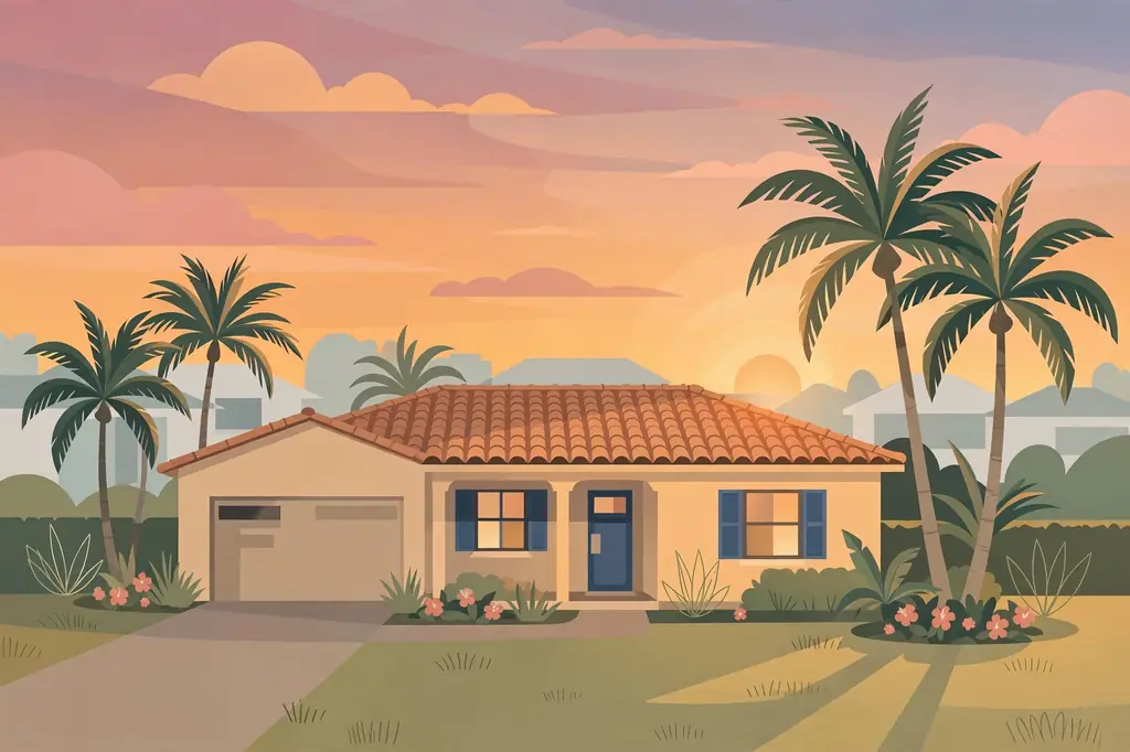 Stylized editorial illustration of a Florida home with palm trees at sunset, representing Denika Kisty's private family life today