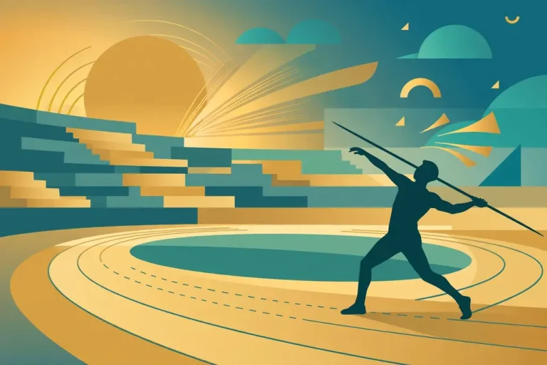 Stylized editorial illustration of a javelin thrower at sunset representing Denika Kisty Jason Williams wife and her track career