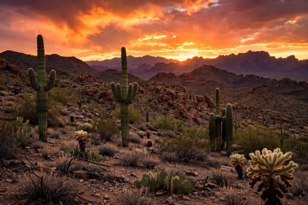 Phoenix Arizona desert with saguaro cacti at sunset