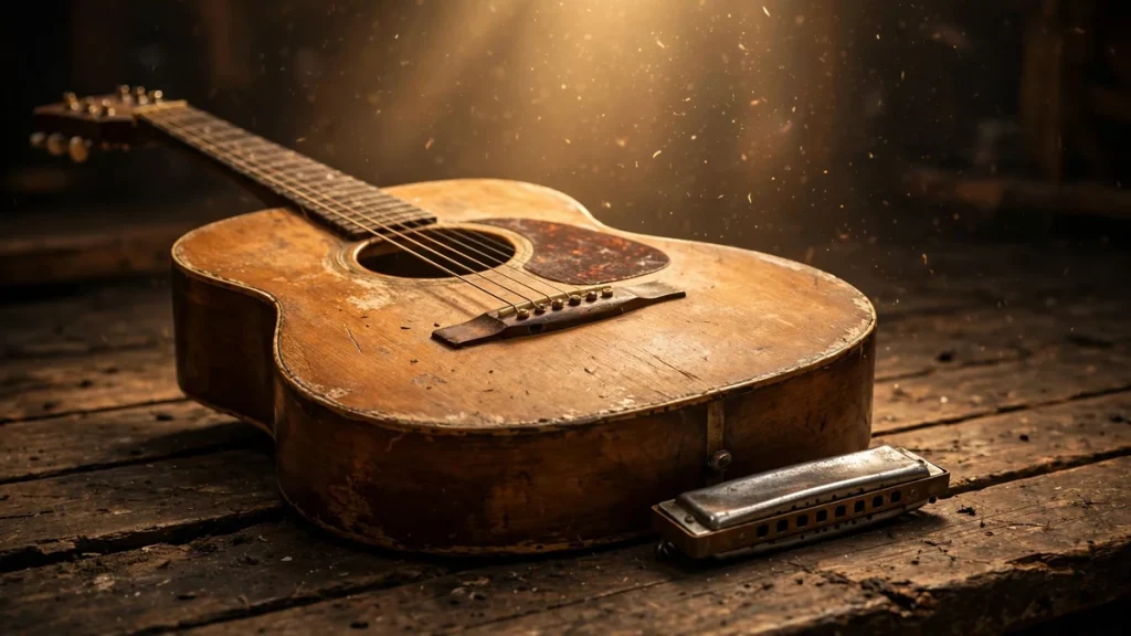 Vintage acoustic guitar on stage