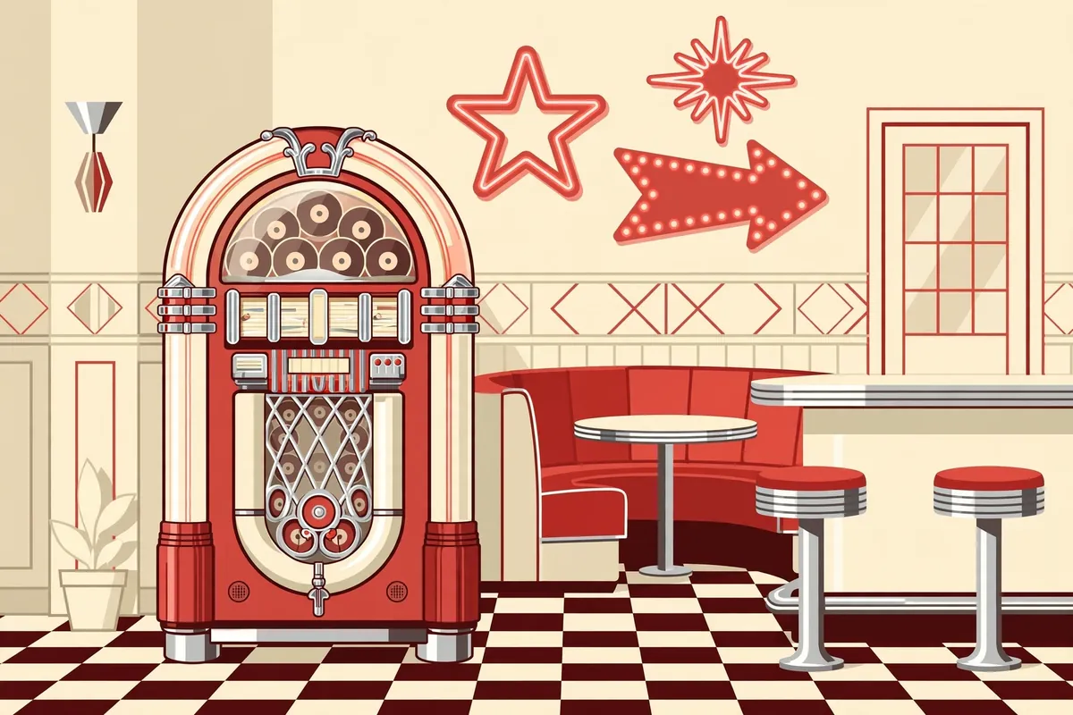 Retro 1950s rock-and-roll flat illustration with an electric guitar, vinyl record, and lightning bolt in vintage colors