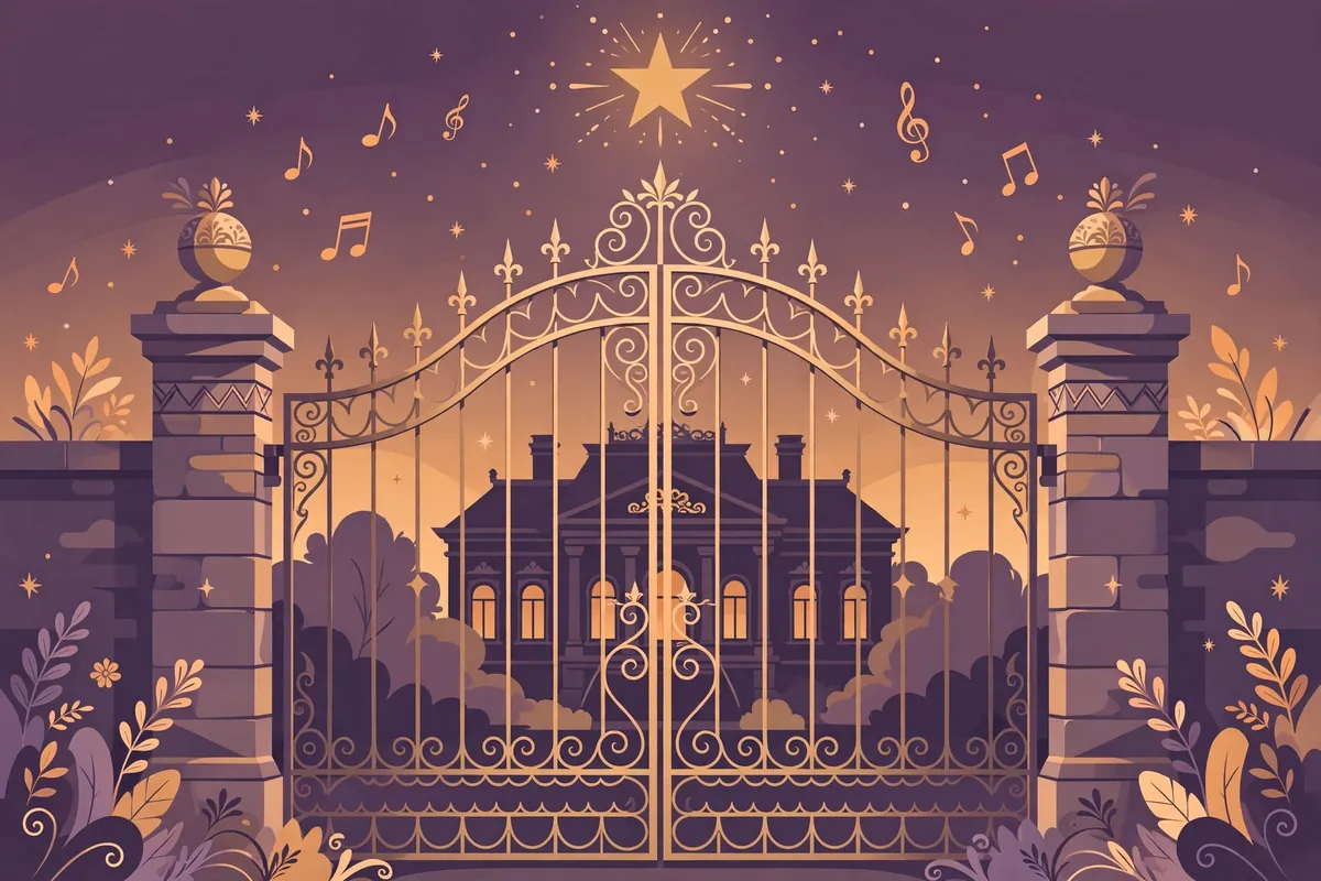 Flat-vector illustration of Graceland-style mansion gates with musical notes and a star, in warm evening tones
