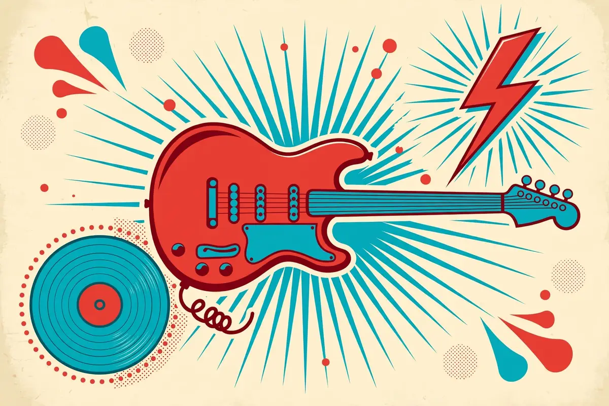 Retro stylized editorial illustration of Elvis Presley's rock-and-roll heritage with guitar and vinyl motifs
