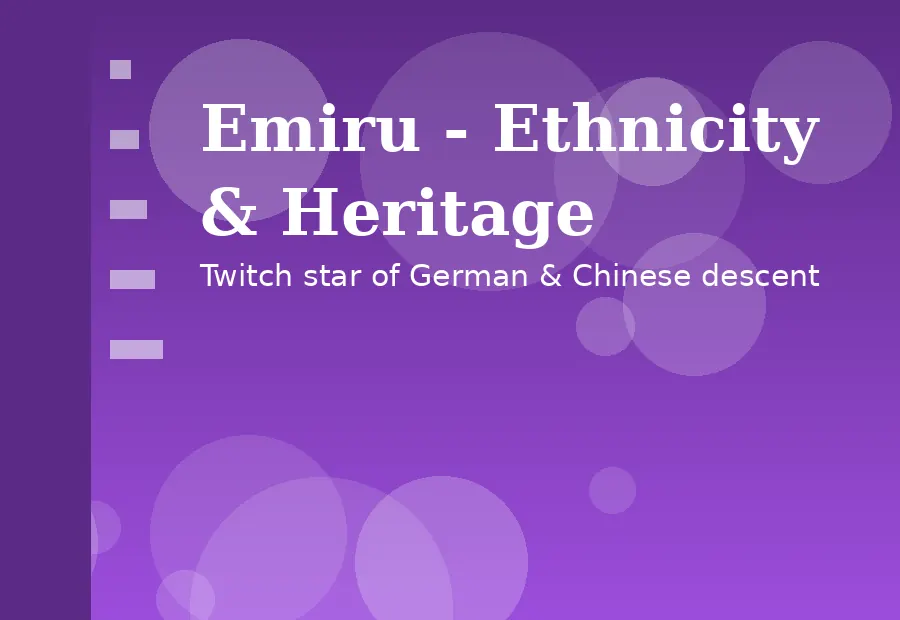 Stylized editorial graphic about Emiru's German and Chinese mixed heritage with purple gradient design
