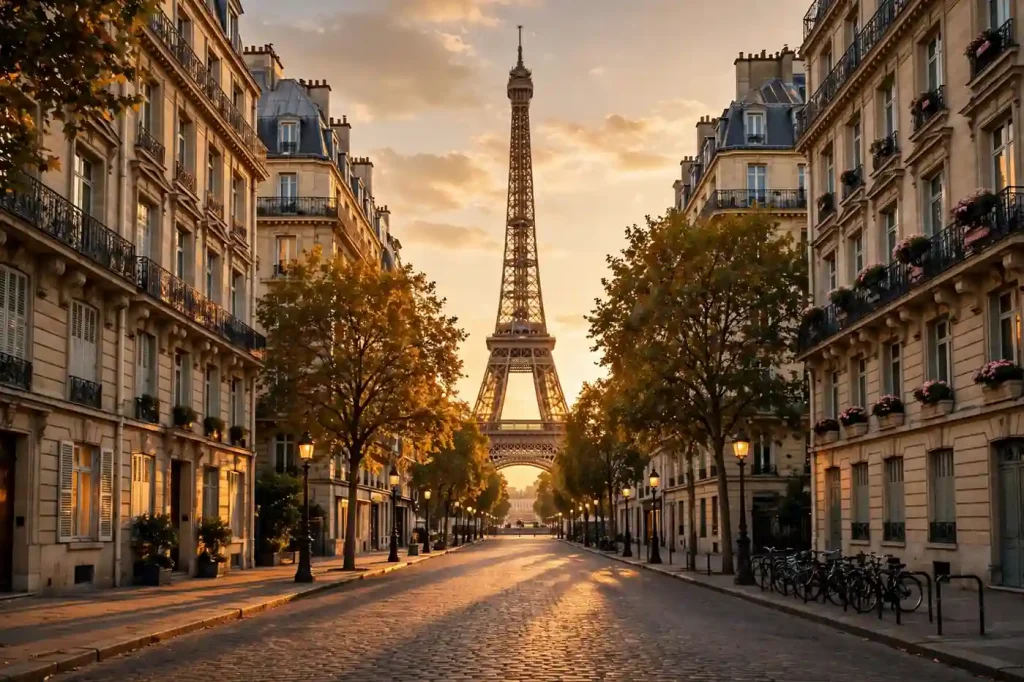 Eiffel Tower in Paris at golden hour