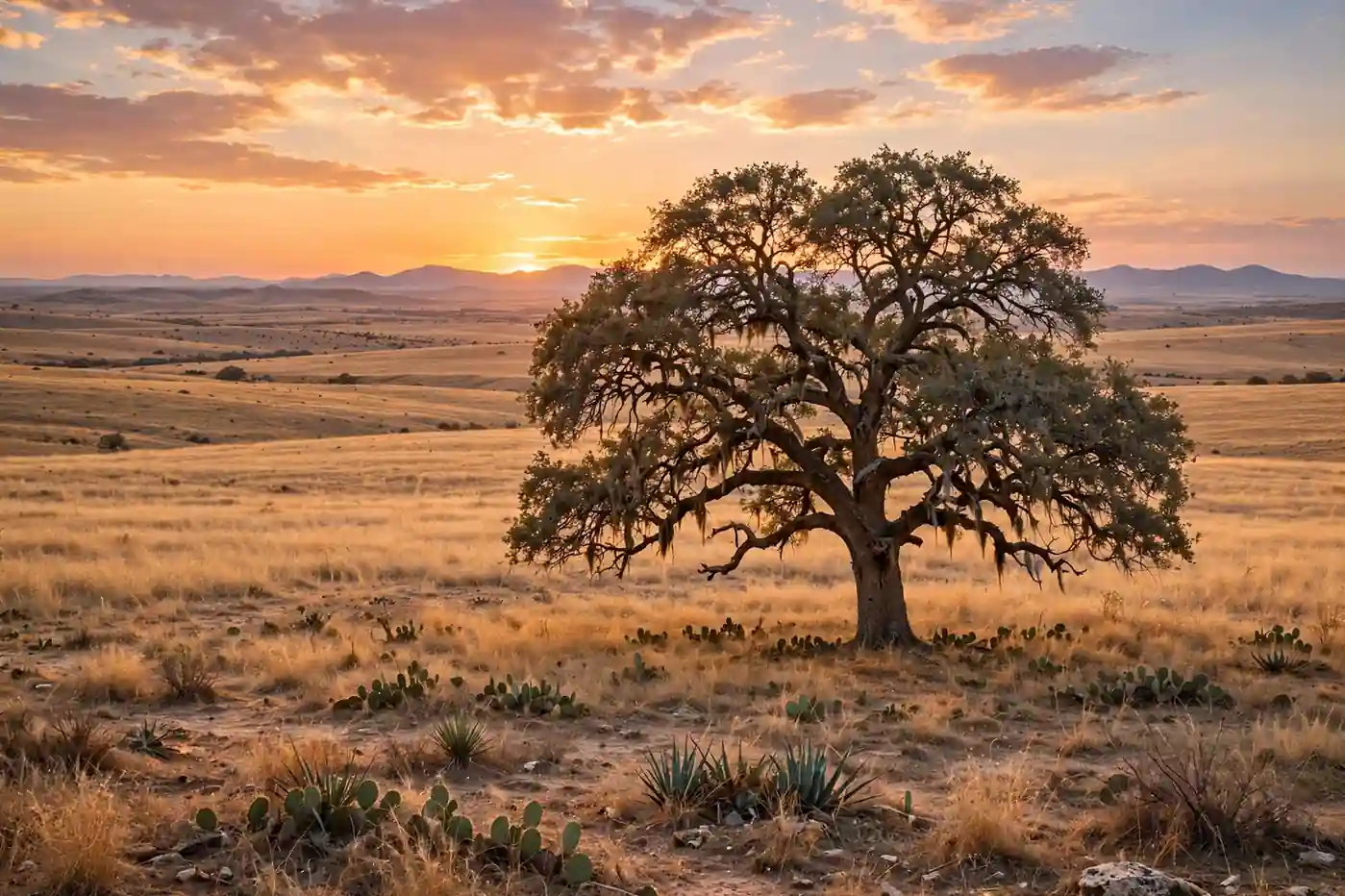 Texas hill country at sunset