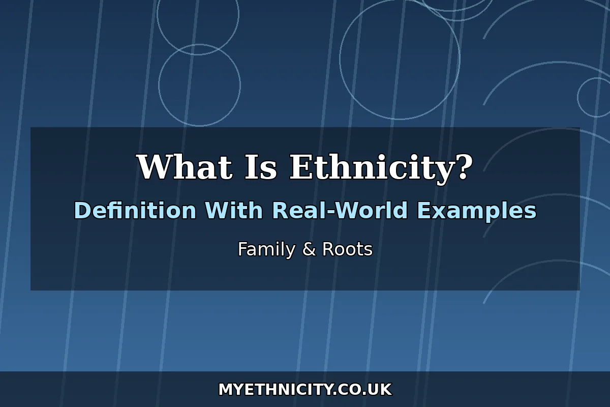 Stylized editorial graphic illustrating ethnicity examples from around the world, with text reading Ethnicity Examples and Cultures of the World
