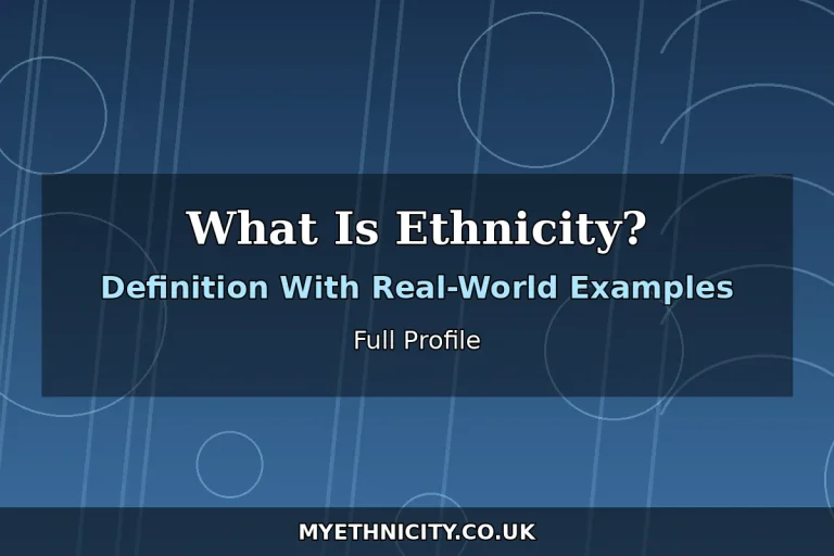 Stylized editorial graphic explaining ethnicity with world culture motifs