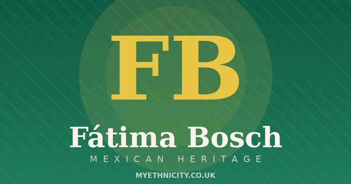Stylized editorial graphic of Fátima Bosch with emerald and gold tones and monogram