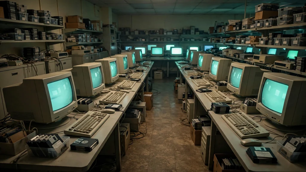 Vintage 1990s computer lab with glowing monitors