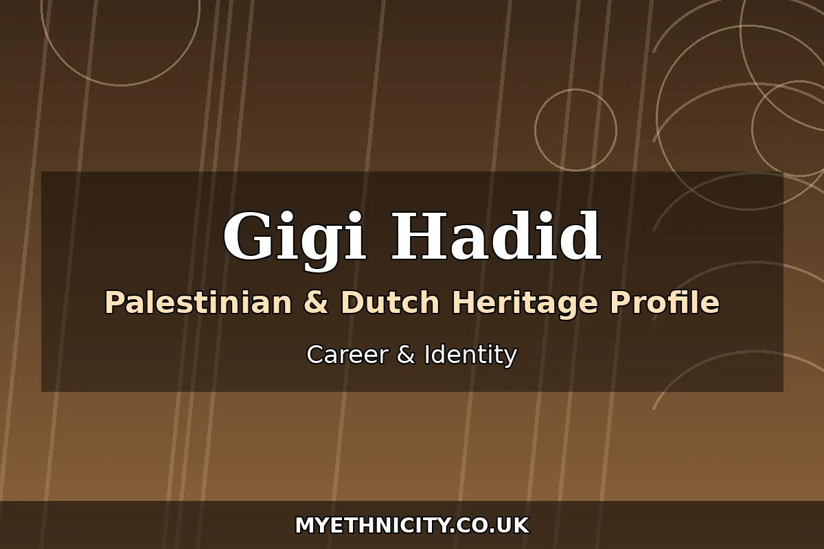 Stylized editorial graphic about Gigi Hadid's modeling career and identity, with text reading Gigi Hadid and Career and Identity