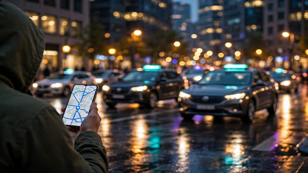 City street at night with rideshare cars and glowing phone