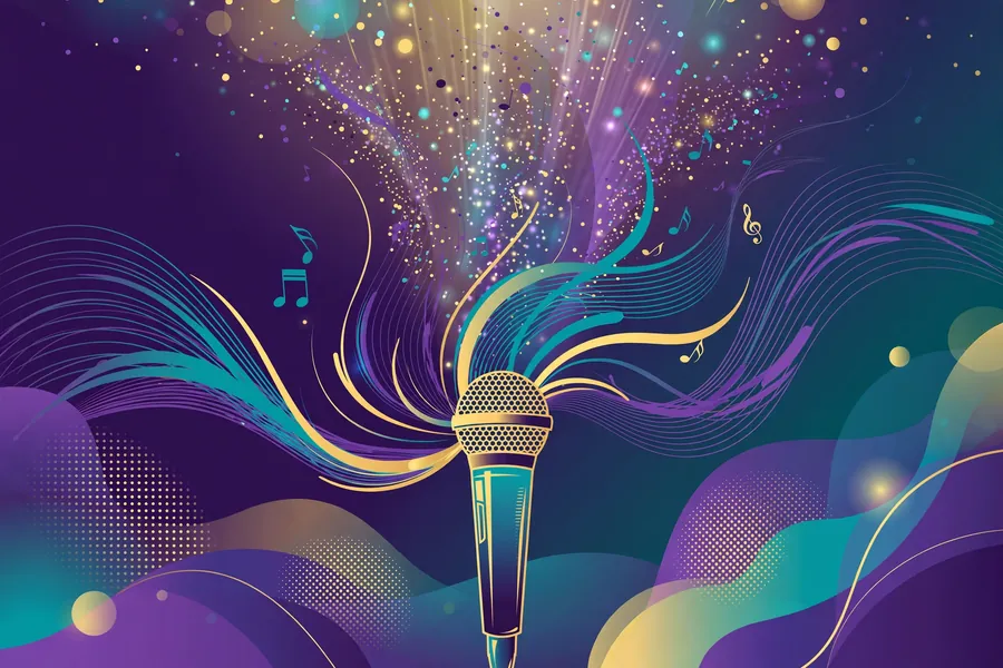 Abstract editorial vector graphic of a concert stage microphone with flowing sound waves in purple teal and gold gradients