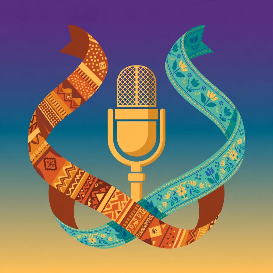 Featured graphic for Halsey ethnicity article: intertwined heritage ribbons around a microphone