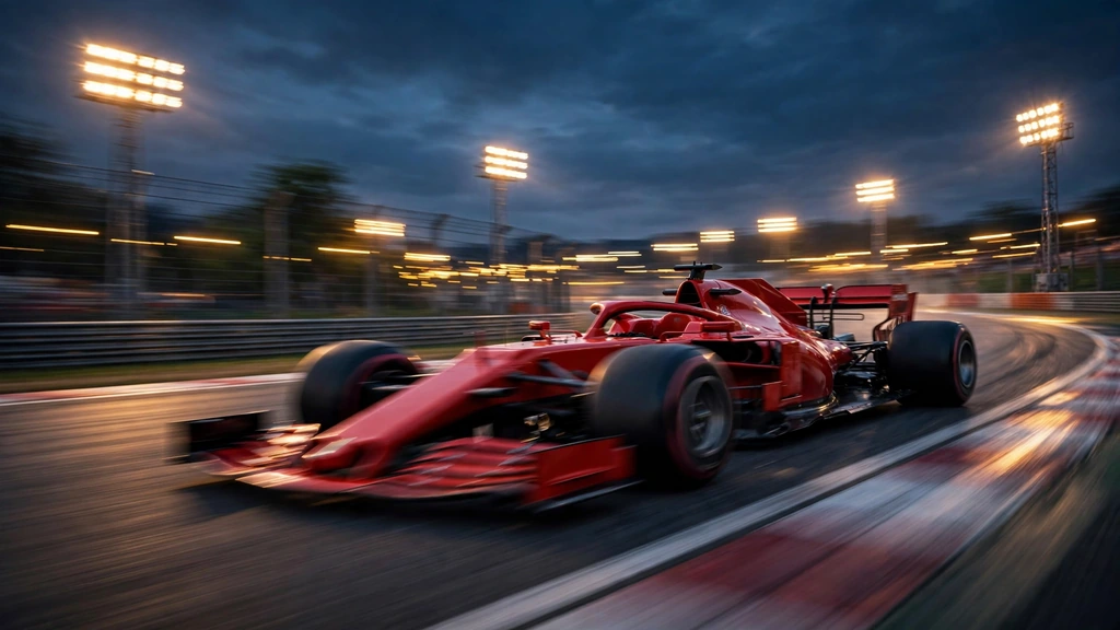 Formula 1 race car speeding at dusk