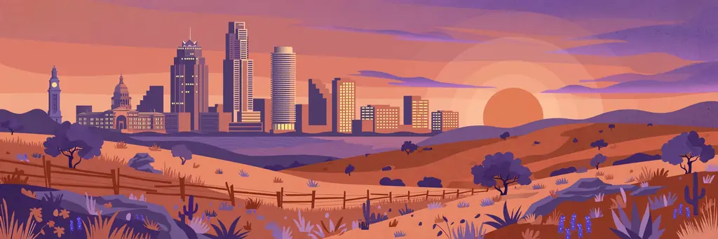 Stylized editorial illustration of the Austin, Texas skyline at sunset with ranch land, evoking Harlow Andrus's private upbringing