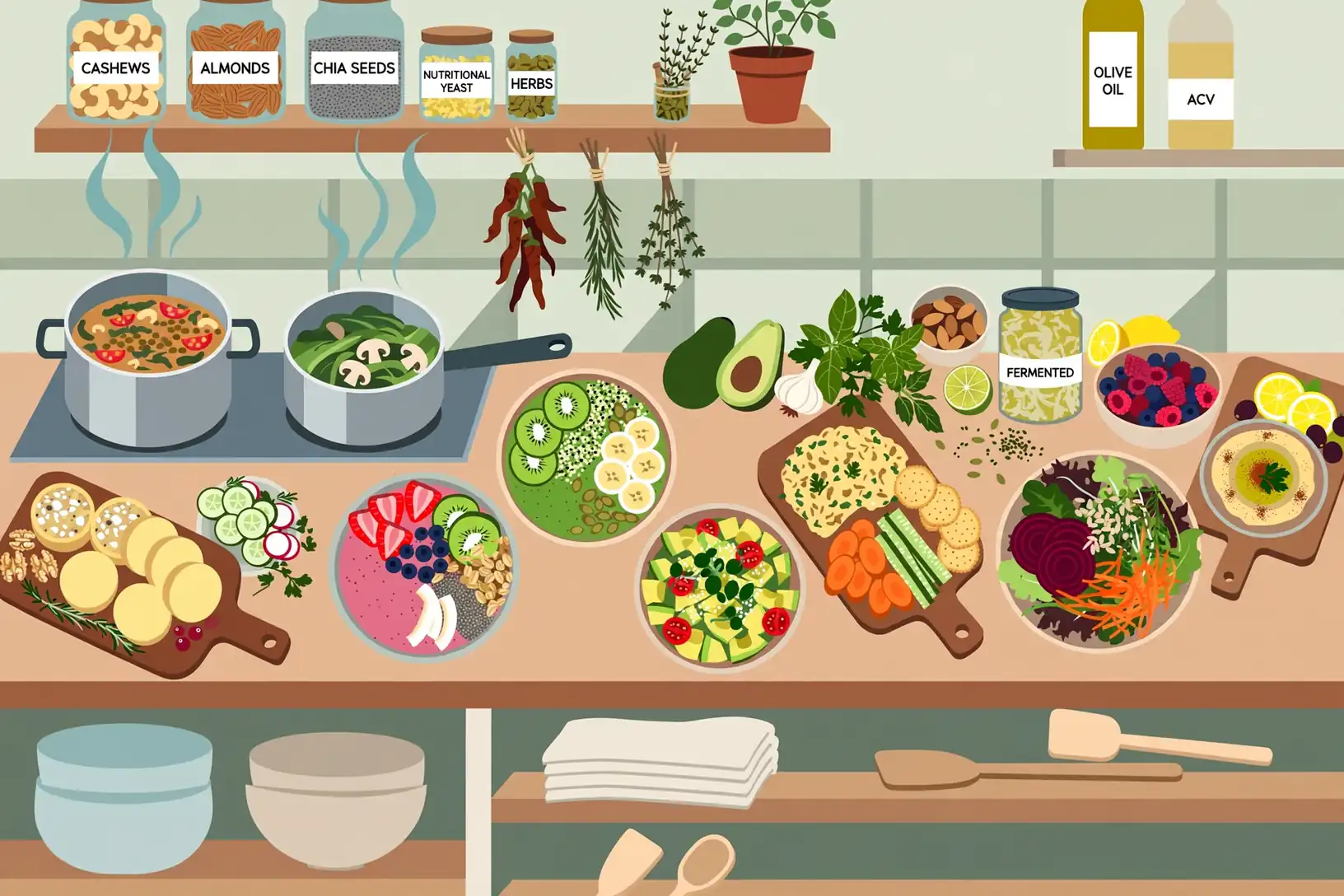 Stylized illustration of a vegan restaurant kitchen with plant-based dishes and nut cheeses, representing Heidi Van Pelt's culinary career