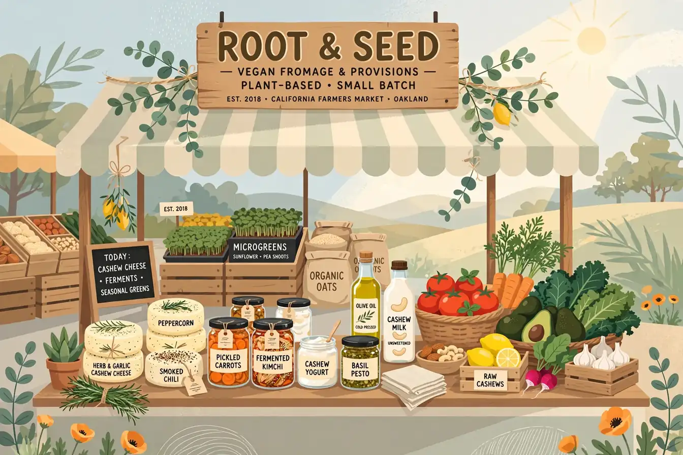 Editorial illustration of a California farmers-market stall with plant-based foods representing Heidi Van Pelt, vegan entrepreneur and ex-wife of Taran Noah Smith
