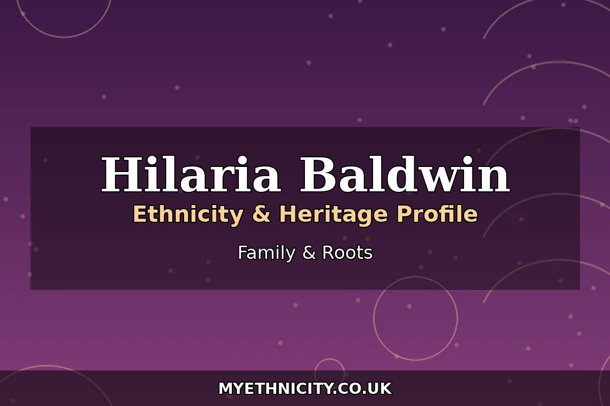 Stylized editorial graphic showing Hilaria Baldwin's family roots, with text reading Hilaria Baldwin and Family and Roots