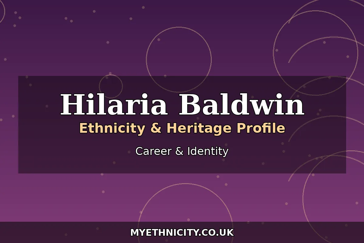 Stylized editorial graphic about Hilaria Baldwin's career and public identity, with text reading Hilaria Baldwin and Career and Identity
