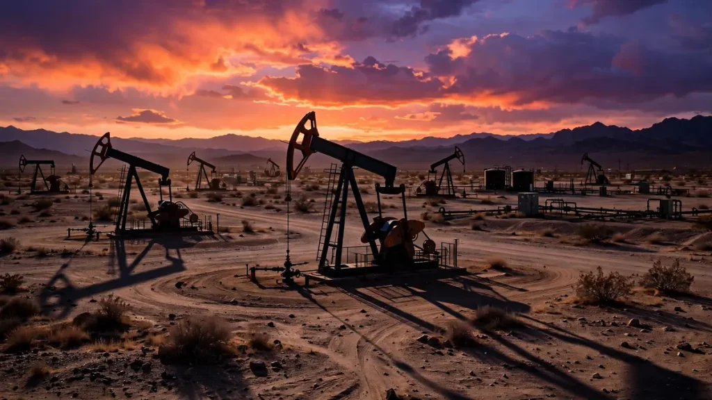 Oil pumpjacks at sunset