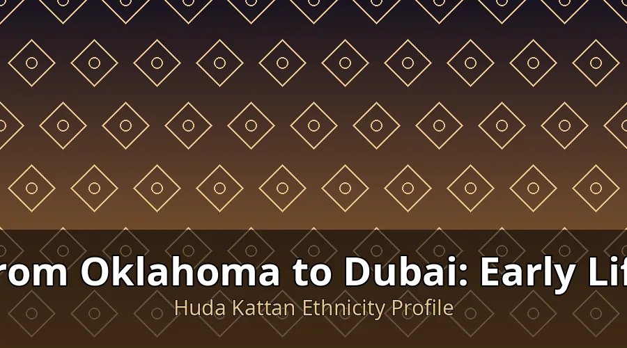 Editorial graphic representing Huda Kattan's early life journey from Oklahoma to Dubai with Middle Eastern patterns
