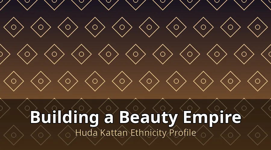 Editorial graphic representing Huda Kattan's beauty empire and Iraqi heritage with elegant patterns