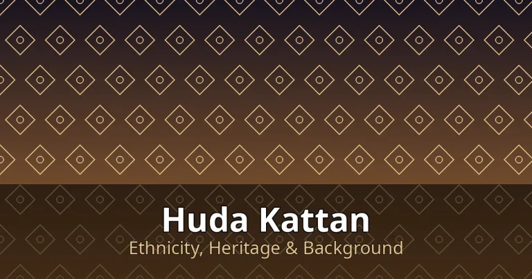 Stylized editorial graphic with Middle Eastern geometric patterns for Huda Kattan's ethnicity profile