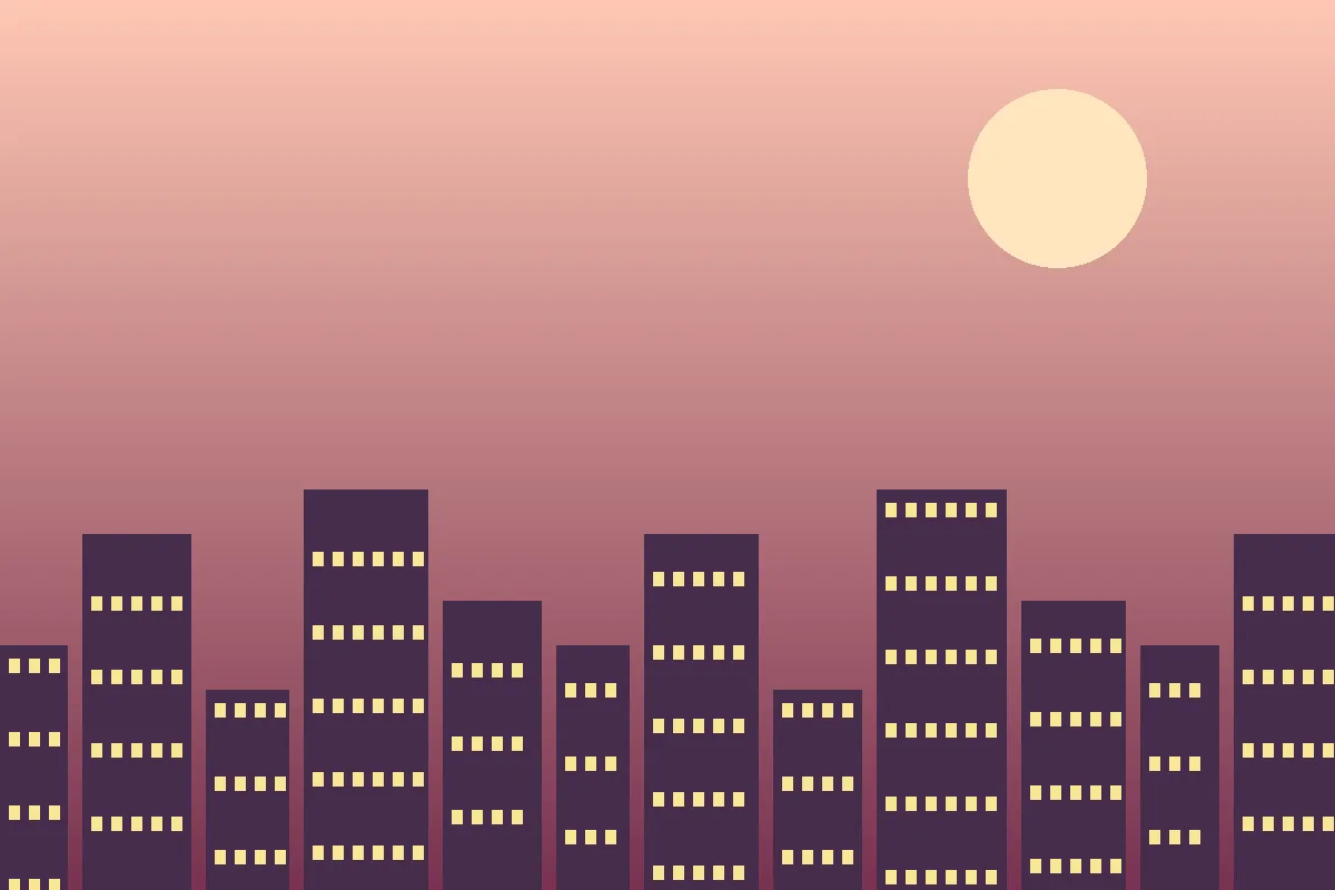 Abstract editorial graphic of city buildings under a glowing moon symbolizing Ice Spice's New York roots
