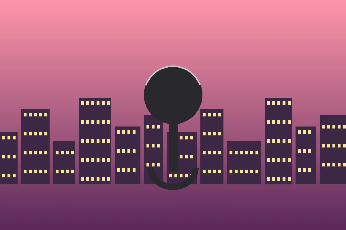 Stylized editorial illustration of a vintage microphone over a Bronx city skyline at dusk, representing rapper Ice Spice