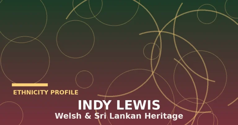 Stylized editorial illustration of Welsh dragon and Sri Lankan cultural motifs representing actress Indy Lewis's mixed heritage
