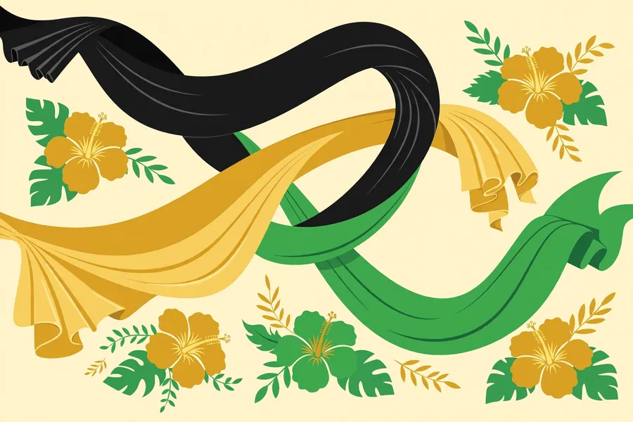 Stylized flat vector illustration of Jamaican flag colors with tropical hibiscus flowers and elegant fashion silhouette motifs