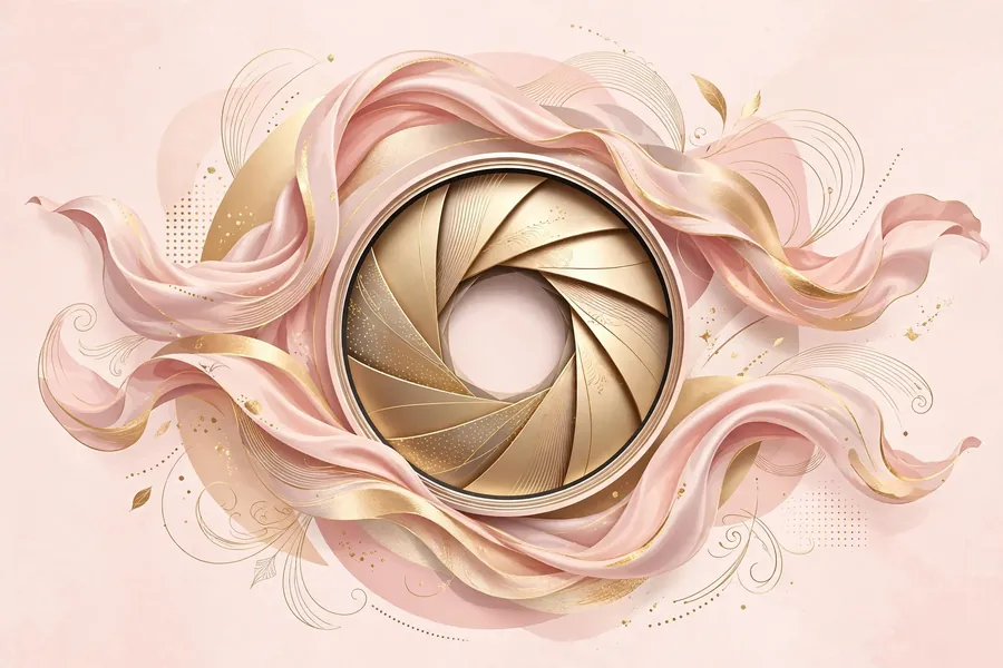 Abstract editorial vector graphic of a camera lens with soft glam beauty tones and flowing fabric textures in blush and gold
