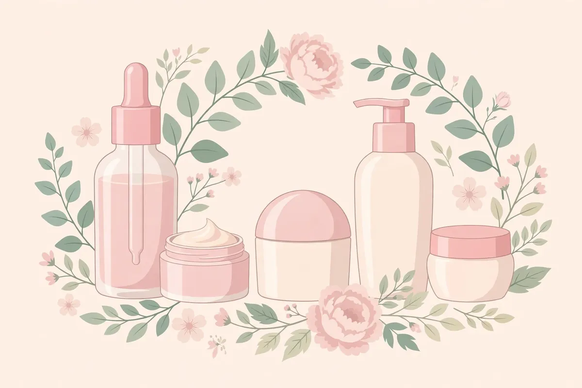 Flat editorial illustration of a beauty and skincare brand concept with cosmetic bottles and botanical elements