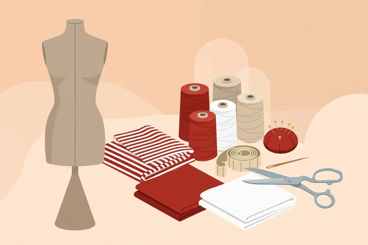 Editorial illustration of a fashion atelier with a dress form mannequin and fabric swatches, evoking Jalynn Elordi's modeling career