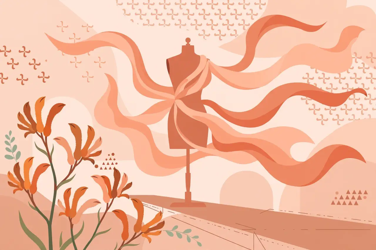 Editorial illustration of a dress form mannequin on a runway with flowing fabric, representing model Jalynn Elordi