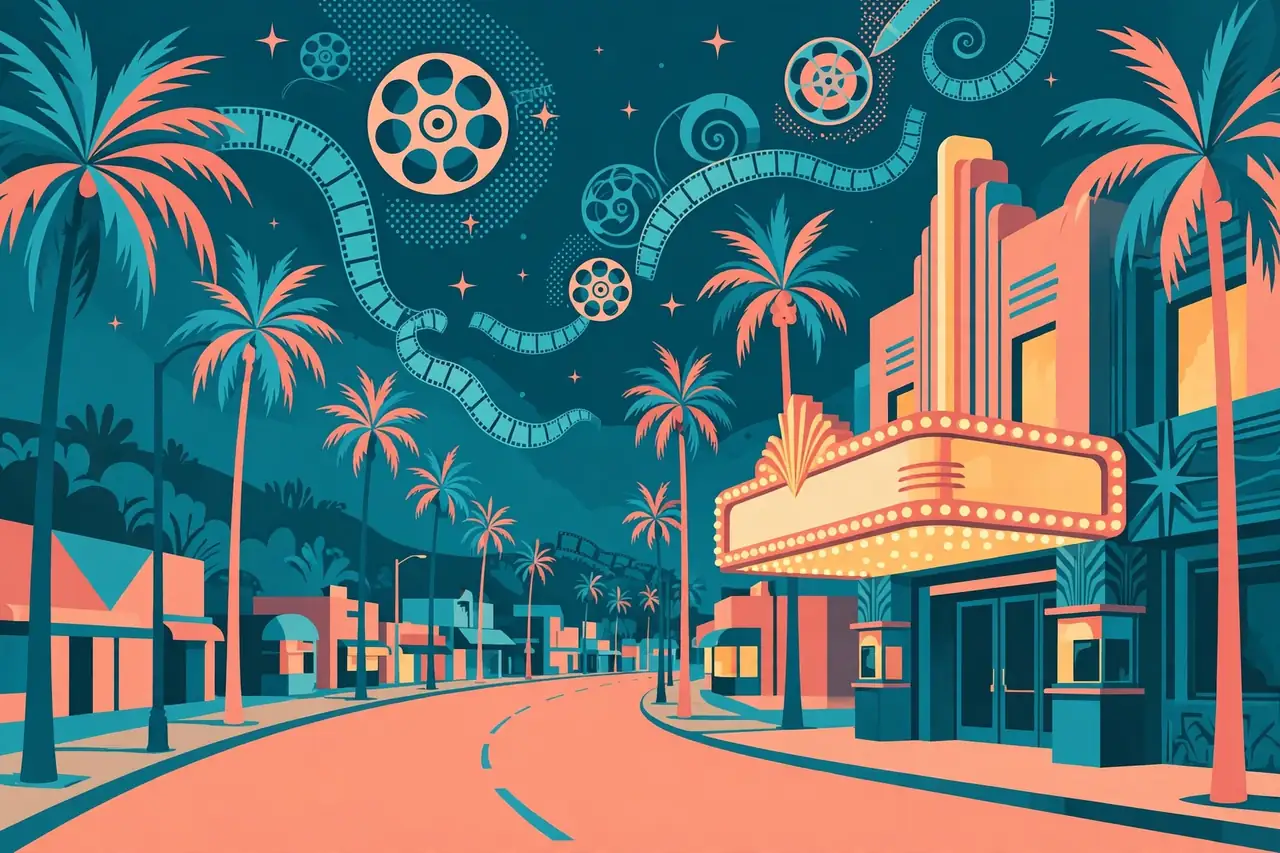 Stylized illustration of 1960s Hollywood with a glowing cinema marquee at night, representing the era of James Westley Welch's marriage to Raquel Welch