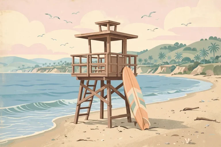 James Westley Welch biography: stylized illustration of a 1950s California beach scene