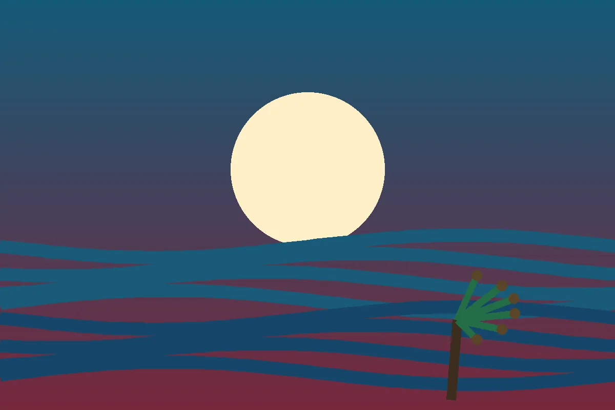 Flat vector illustration of a golden sun over layered Pacific waves with a palm tree, evoking Jason Momoa's island roots