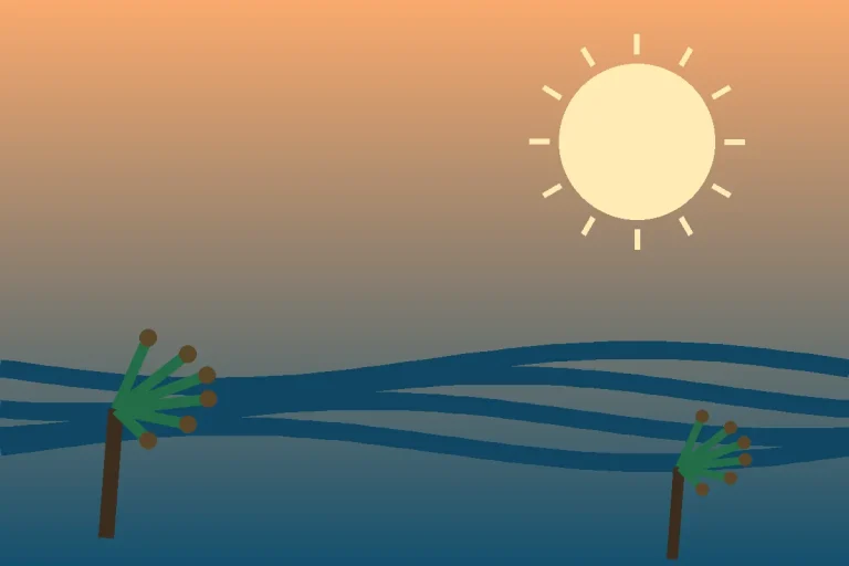 Stylized editorial illustration of Hawaiian ocean waves, a setting sun and palm trees representing Jason Momoa's Native Hawaiian heritage