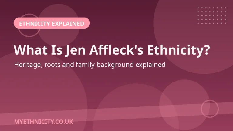 Stylized editorial graphic asking what is Jen Affleck's ethnicity