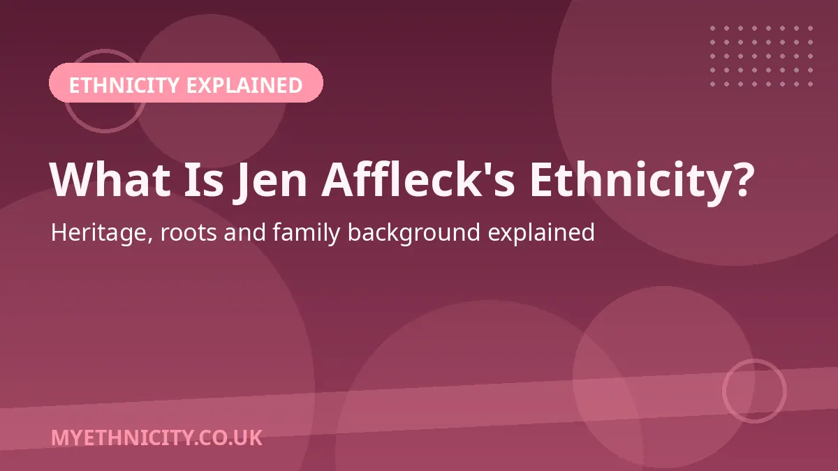 Stylized editorial graphic asking what is Jen Affleck's ethnicity