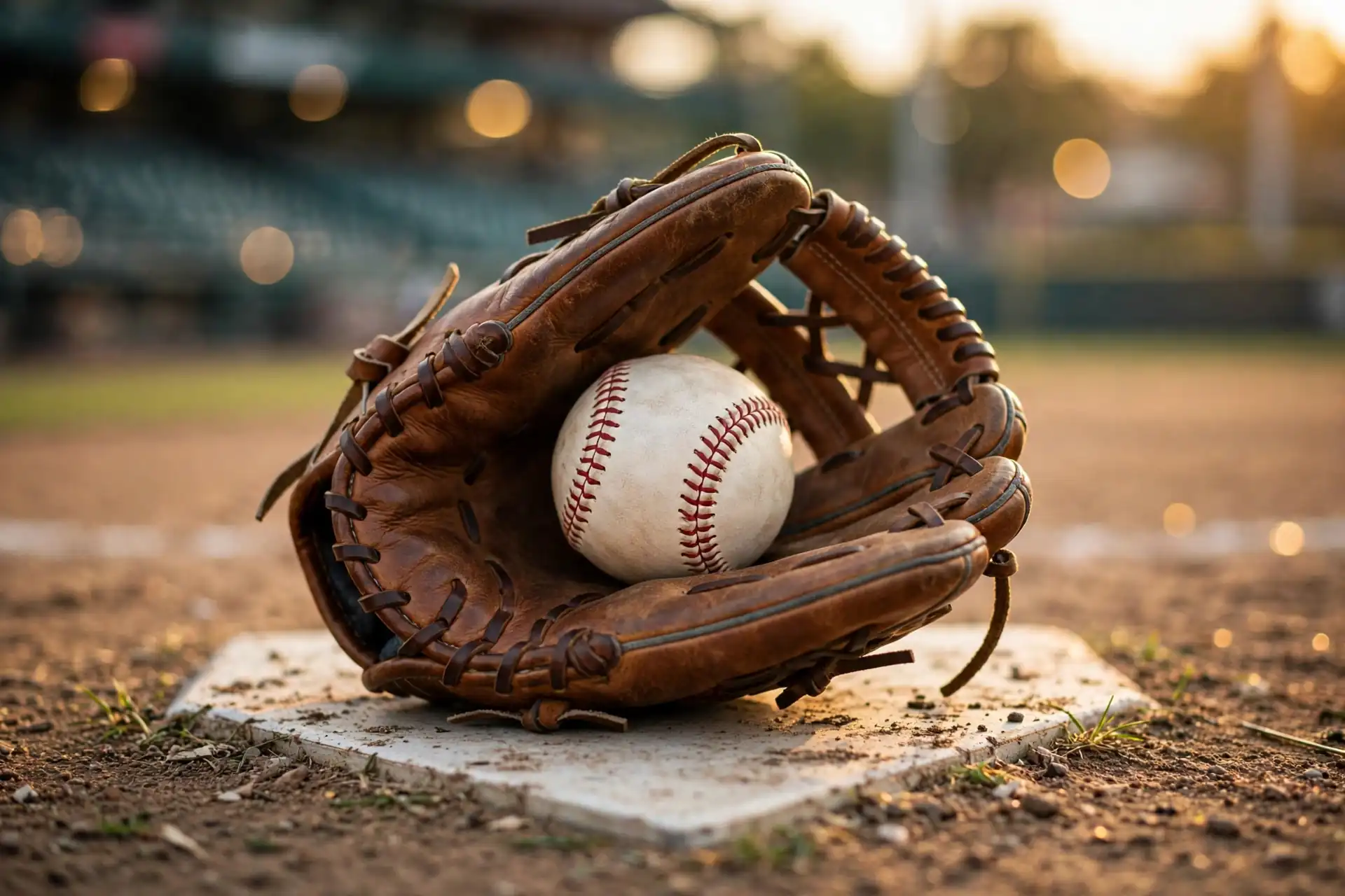 Baseball glove and ball on home plate