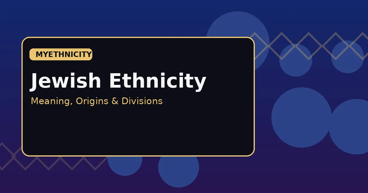 Stylized editorial graphic explaining Jewish ethnicity as an ethnoreligious identity with deep blue and gold design