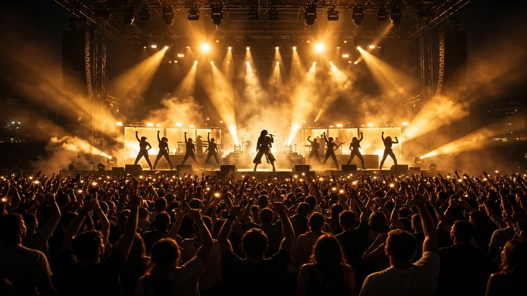 Pop concert stage with performer under golden spotlights