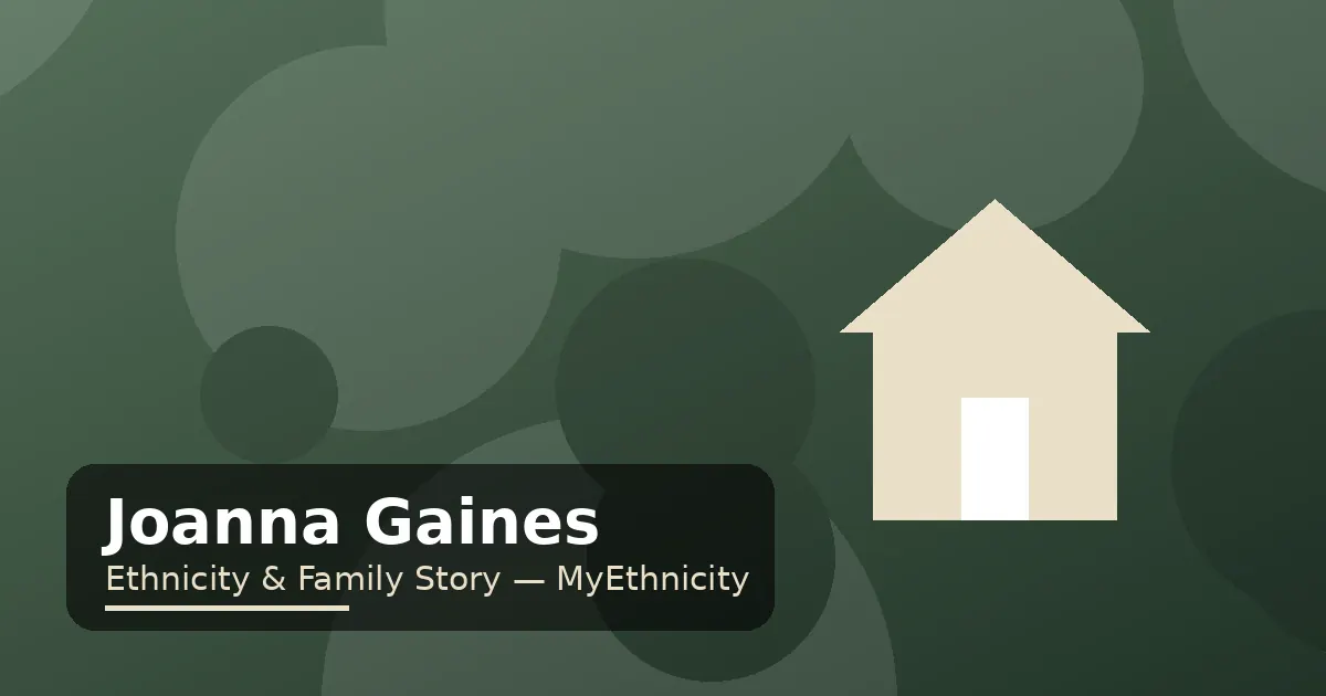 Stylized editorial graphic with home motif in sage and cream for the Joanna Gaines ethnicity article featured image